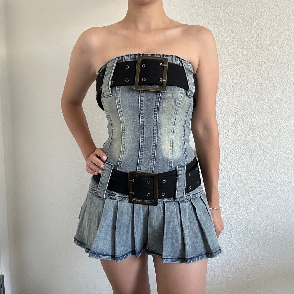 Denim Strapless Dress with Black Accents